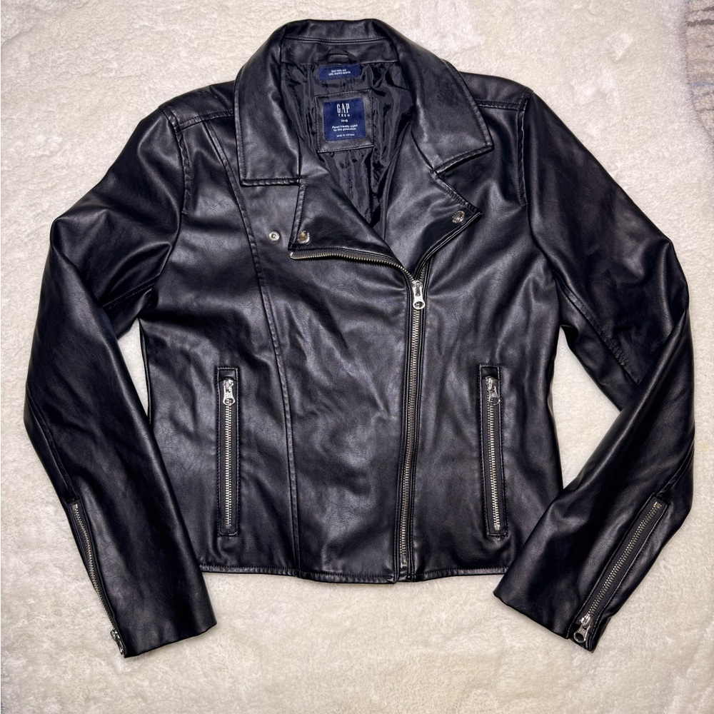 Gap teen girl vegan faux leather moto jacket full zip black size 14-16